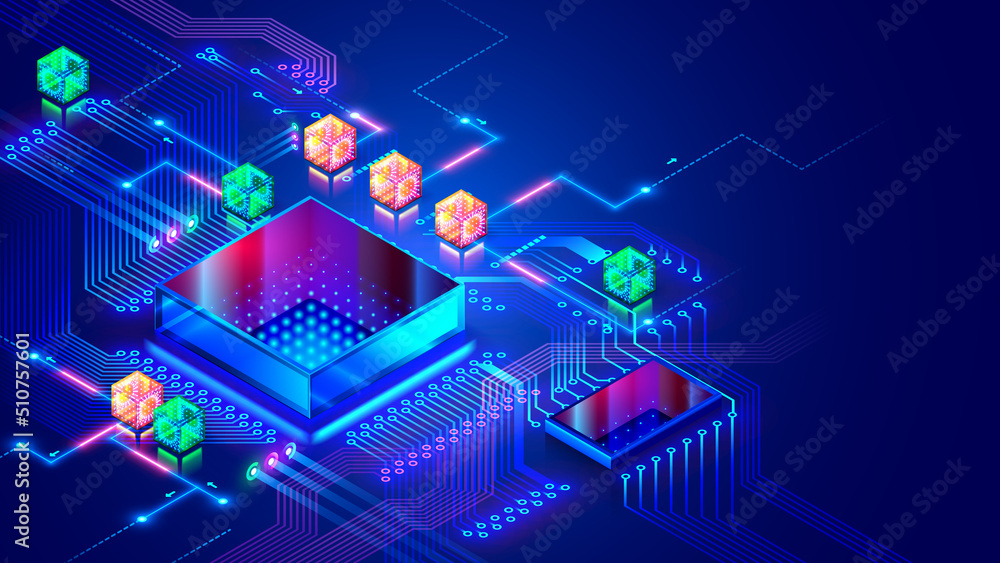 Aufkleber Abstraction concept of Quantum CPU. Electronic CHIP, components on print circuit board. Glass futuristic processor and hardware parts of computer on PCB. Electronic technology conceptual background.