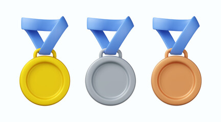 3d medal icon set. Gold, silver and bronze sport award for winner. Vector prize badge render illustration isolated on a white background - 510757686