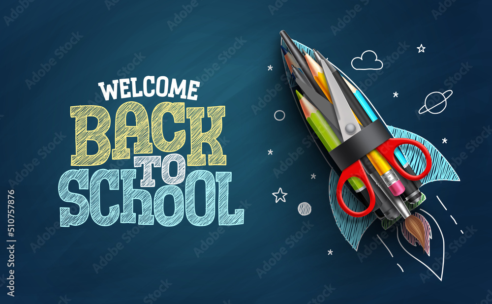 Poster back to school vector background design. welcome back to school doodle text with rocket launch learn