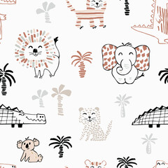 African animal baby cute summer seamless pattern. Sweet safari print.
