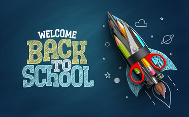 Back to school vector background design. Welcome back to school doodle text with rocket launch learning items in chalkboard background. Vector Illustration.  © AmazeinDesign