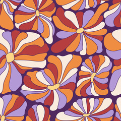 Abstract retro 70s background. Psychedelic colorful vector seamless pattern. Groovy 60s fashion print. Vintage hippie floral illustration. Old school colored wavy line art wallpaper