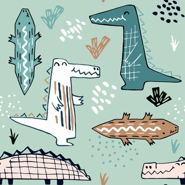 Crocodile baby cute summer seamless pattern. Sweet african animal print.