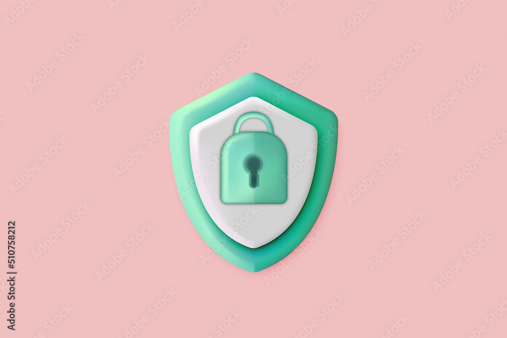 Poster 3d security safe icon. 3d shield protection icon with key for online payment on pink background conc