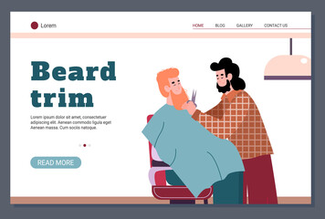 Beard trim barber salon website layout, flat cartoon vector illustration.