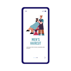Onboarding page for men haircutting or barbershop, flat vector illustration.