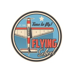 Flying school icon with retro plane or airplane. Vector round badge with vintage propeller biplane flying in blue sky, pilot school, aircraft or aviation academy and flight training design © Vector Tradition