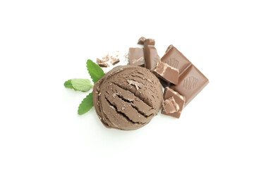 Chocolate ice cream on white background, close up