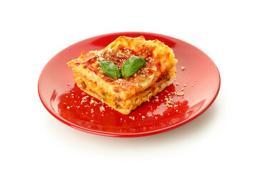 Plate with Lasagna isolated on white background