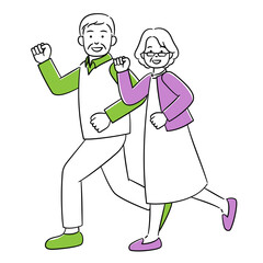 笑顔で走るシニア夫婦のシンプルイラスト
