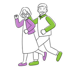 笑顔で走るシニア夫婦のシンプルイラスト