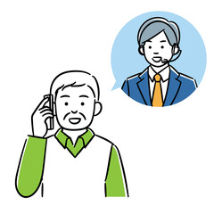 オペレーターの男性と電話で話すシニア男性のシンプルイラスト