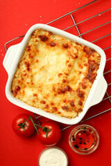 Concept of delicious food, lasagna, top view