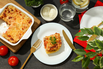 Concept of delicious food, lasagna, top view