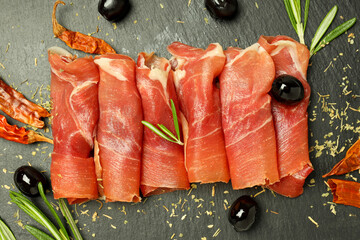 Concept of delicious food with jamon, close up