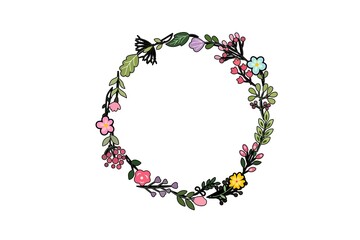heart shaped wreath of flowers on white background