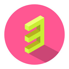 Isometric yellow number 3 with shadow over pink color circle