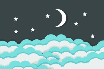 moon and stars in midnight .paper art style