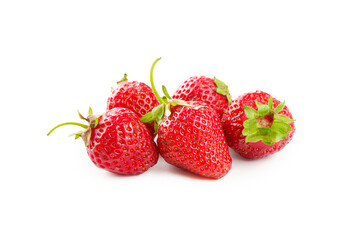 Fruits of ripe red strawberries with green leaves on a white background