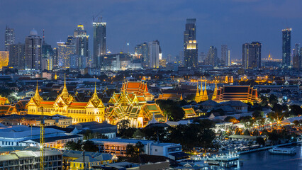 Aerial view Grand Palace and Emerald Buddha Temple at twilight, Grand Palace and Wat Phra Keaw famous landmark tourist destination in Bangkok City, Bangkok, Thailand, Asia