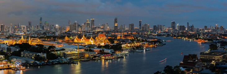 Aerial view Grand Palace and Emerald Buddha Temple at twilight, Grand Palace and Wat Phra Keaw...