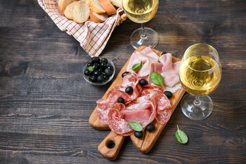 Food antipasti prosciutto ham, parma ham, salami, olives and  bread. Charcuterie plate.