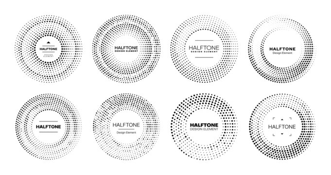 Halftone circle pattern borders and frames, vector round background with dots. Halftone circles with black and white gradation half tone dotted effect, grunge border frames