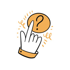 Obraz premium Hand cursor on question doodle icon. Hand drawn colorful cartoon style.