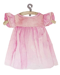 Watercolor baby girl shower set. Its a girl theme with a dress on a hanger. Its a girl illustration