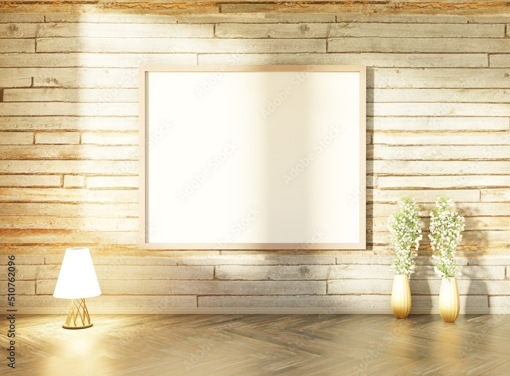 Wall mural Empty poster template on the wooden wall with sun light. Flowers and lamp on the wooden floor. 3D rendering.