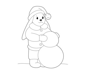 Happy little rabbit in outerwear is making snowman. Design element or a page of a children's coloring book
