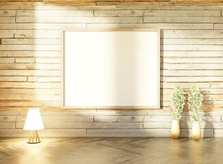 Empty poster template on the wooden wall with sun light. Flowers and lamp on the wooden floor. 3D rendering.