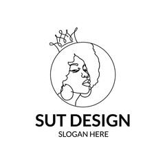 line art black woman with curly hair or afro with big earrings like queen