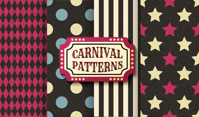 Set of carnival retro vintage seamless patterns. Textured old fashioned circus wallpaper templates. Collection of vector texture background tiles. For parties, birthdays, decorative elements.