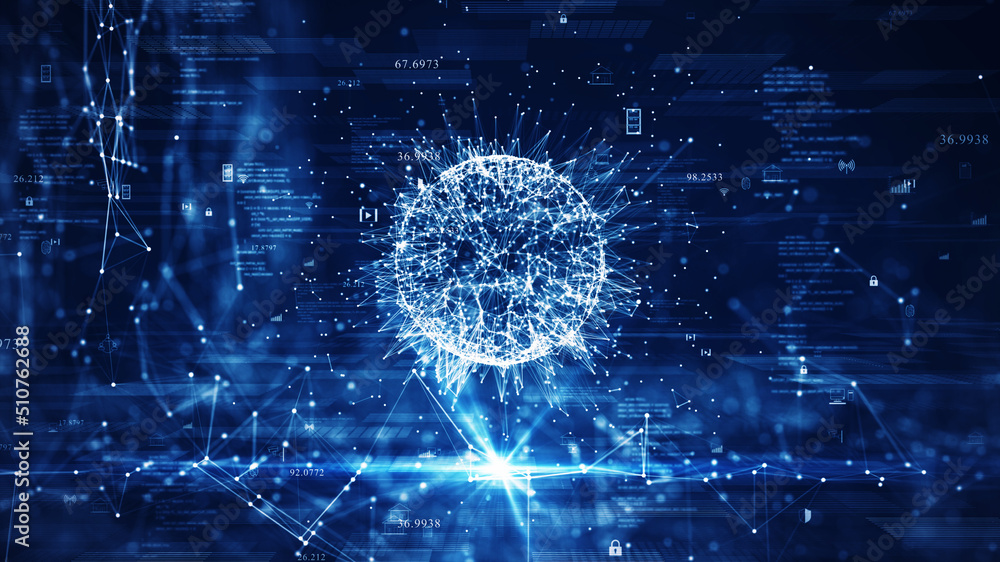 Poster big data technology concept. The interconnected polygons form a prominent sphere in the center. with a grid of binary code icons surrounded on a dark blue background. data processing analysis.