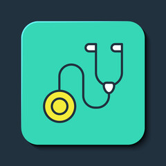 Filled outline Stethoscope medical instrument icon isolated on blue background. Turquoise square button. Vector