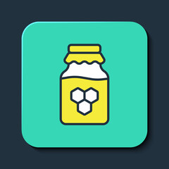 Filled outline Jar of honey icon isolated on blue background. Food bank. Sweet natural food symbol. Turquoise square button. Vector