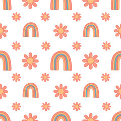 Seamless pattern with daisy and rainbow. Vector illustration. Cute positive floral wallpaper.