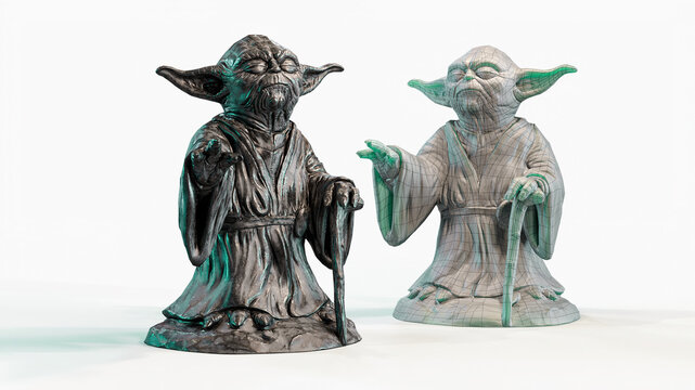 Yoda figurine 3d rendering on black background