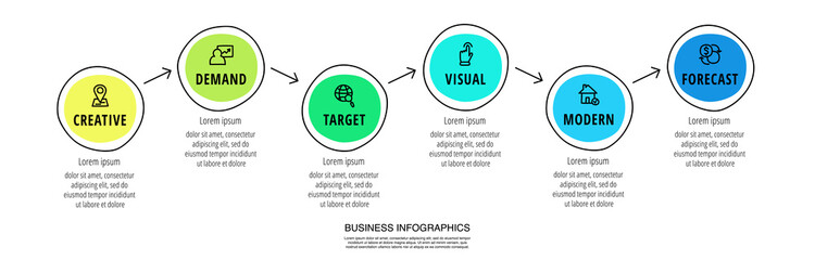 Modern hand-drawn vector infographics with 6 circles and arrows. Concept chart process template with six steps and symbols. Sketch timeline for business project on white background