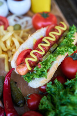 BBQ hot dog served with vegetables and French fries and sauces on wooden serving board