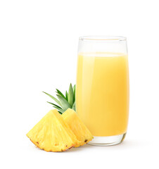 Pineapple juice with pineapple slices isolated on white background.