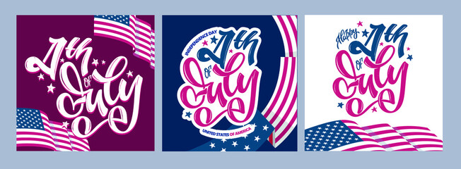 Fototapeta na wymiar Happy 4th of July USA Independence Day greeting card with waving american national flag and hand lettering text design. Fourth of July typographic design. Usable as greeting card, banner, background.