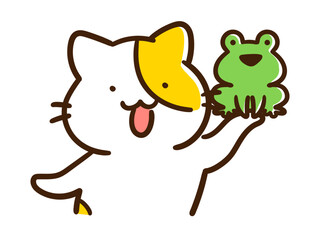 カエルを掲げるかわいいねこのデフォルメイラスト