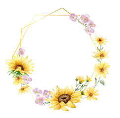 Polygonal golden frame with sunflowers and wild flowers watercolor illustration