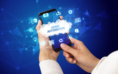 Hand using smartphone with cloud technology concept