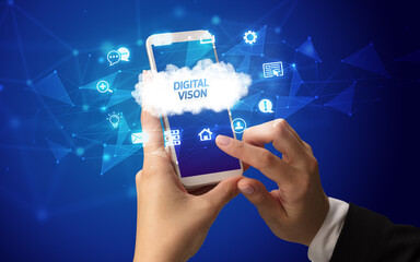 Hand using smartphone with cloud technology concept