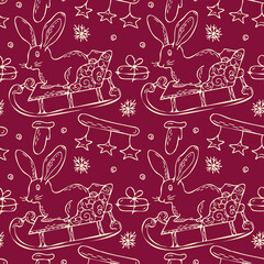 Bunnies on a sled, gifts, garlands and snowflakes. Seamless vector pattern in doodle style on a red background. Chinese New Year of the Rabbit. Drawn christmas design for fabric and wrapping paper. 