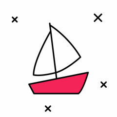 Filled outline Yacht sailboat or sailing ship icon isolated on white background. Sail boat marine cruise travel. Vector