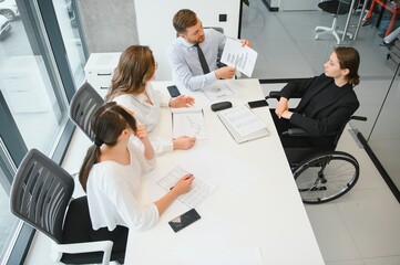 Corporate business team and in a meeting at modern office with big windows . High quality photo
